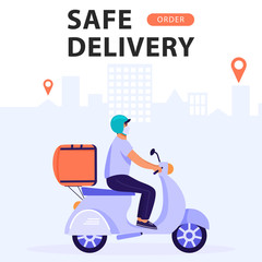 Safe delivery service concept. Man courier riding scooter with delivery bag on the city background. Vector banner illustration.