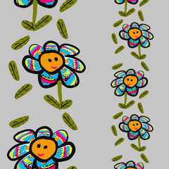 seamless pattern of chamomile flowers side border blue red blue with a smile and leaves for website design fabrics Wallpaper magazines postcards books