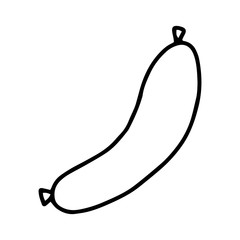 A sausage drawn in the Doodle style.Outline drawing by hand.Black and white image.Monochrome.Delicious food.Meat semi-finished products.Coloring.Vector image.