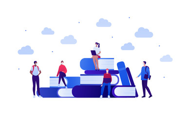 Student lifestyle in pandemic concept. Vector flat person illustration. Group of multi-ethnic young adult in face mask. Book, laptop, pen sign. Design for college banner, school web, infographic