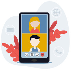 Online conference. People on smartphone screen taking part in online conference. Call screen template. Illustration of webinar
