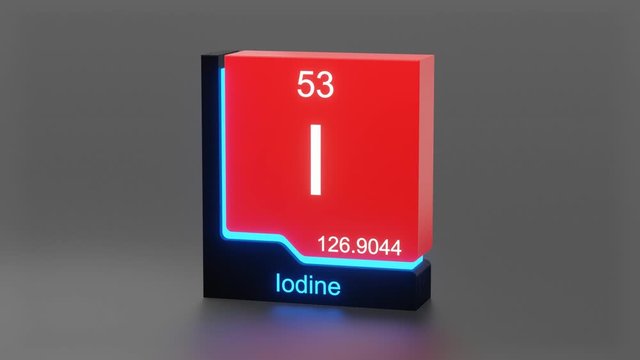 Iodine, periodic table element 3D animation, modern educational red icon with blue neon light