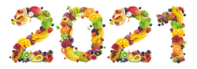 Happy New Year 2021. Number 2021 made of tropical and exotic fruits