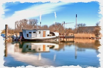 Accommodation on the water. Imitation of a picture. Oil paint. Illustration