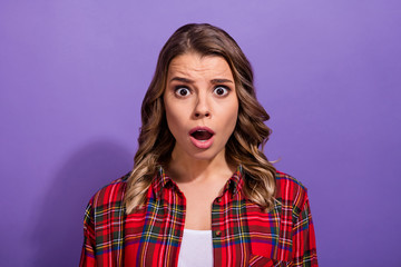 Close-up portrait of her she nice attractive outraged girl wearing checked shirt break up quarrel...