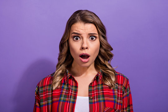 Close-up portrait of her she nice attractive outraged girl wearing checked shirt break up quarrel with boyfriend isolated over bright vivid shine vibrant lilac violet purple color background