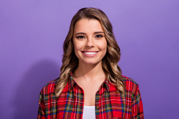 Fototapeta premium Close-up portrait of her she nice-looking attractive lovely pretty cute content cheerful cheery girl wearing checked shirt isolated over bright vivid shine vibrant lilac violet purple color background
