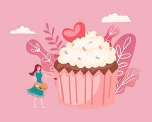 Big cake and tiny girl decorating giant cupcake cartoon vector illustration of sweet food, celebration of birthday or happy event, party or bakery. Pastry and poundcakes with cream sweet shop .