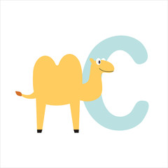 Letter C with a cartoon camel from cute animal alphabet series A-Z. Pre school study. Flat vector illustration.