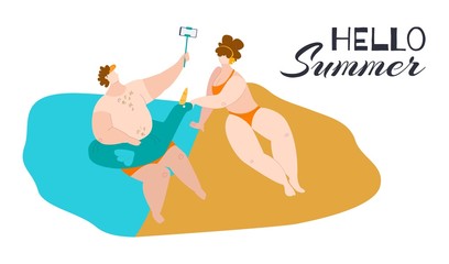 Bodypositive couple of fat woman and man on seaside in summer dressed in swimsuits, body positive movement and beauty diversity isolated flat vector illustration. Love your body ,overweight.