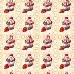 Seamless pattern with chocolate muffins and strawberry painted with watercolor