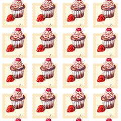 Seamless pattern with chocolate muffins and strawberry painted with watercolor