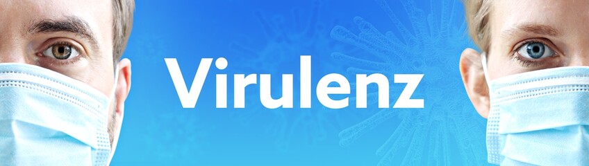 Virulenz. Gesichter von Mann und Frau mit Mundschutz. Paar mit Maske vor blauen Hintergrund mit...