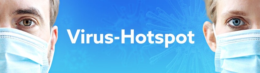 Virus-Hotspot. Gesichter von Mann und Frau mit Mundschutz. Paar mit Maske vor blauen Hintergrund mit Text. Virus, Atemmaske, Corona