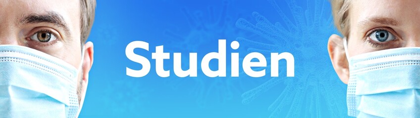 Studien. Gesichter von Mann und Frau mit Mundschutz. Paar mit Maske vor blauen Hintergrund mit Text. Virus, Atemmaske, Corona
