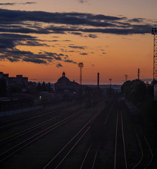 Railway station at sunset in the Ukrainian city