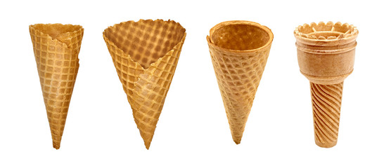 Empty ice cream cones collection isolated on white background. Empty ice cream cones with clipping...