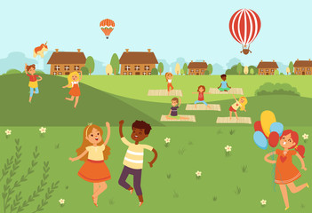 Obraz premium Kids jumping doing yoga activities and sports in nature outdoors flat vector illustration. Active children in country doing physical exercises, yoga, stretching, gymnastics and fitness, sports.
