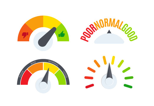 Business Performance Company Review Scale Logo Set. Speedometer, Barometer, Fuel Gauge Display Logotype Collection. Colorful Dial Indicator Vector Illustration.