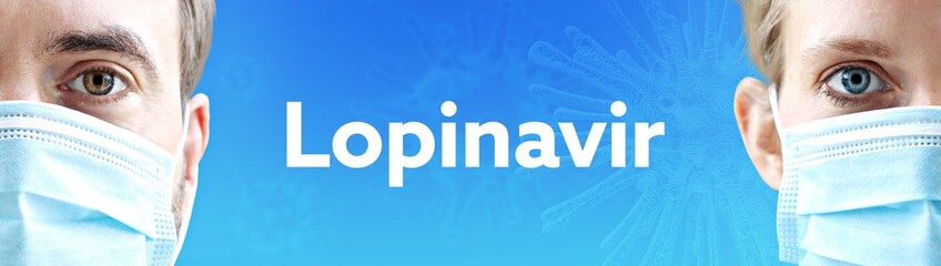 Lopinavir. Gesichter von Mann und Frau mit Mundschutz. Paar mit Maske vor blauen Hintergrund mit...