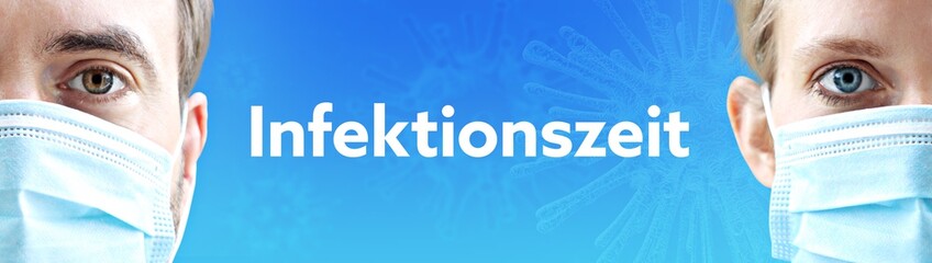 Fototapeta premium Infektionszeit. Gesichter von Mann und Frau mit Mundschutz. Paar mit Maske vor blauen Hintergrund mit Text. Virus, Atemmaske, Corona