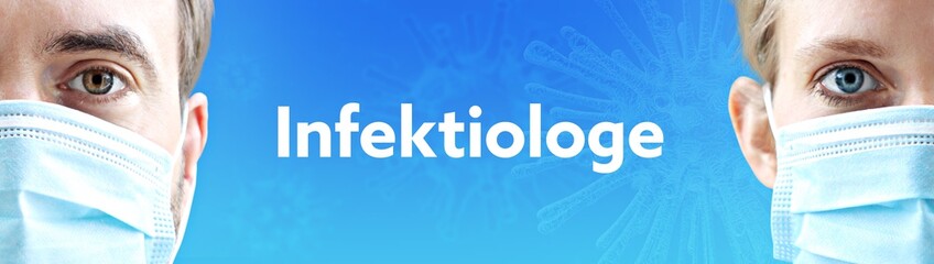 Infektiologe. Gesichter von Mann und Frau mit Mundschutz. Paar mit Maske vor blauen Hintergrund mit...