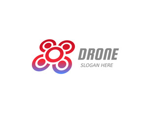 Isolated red drone vector illustrarion. Quadrocopter logo on the white background. Modern air device, copter logotype. Aviation element.