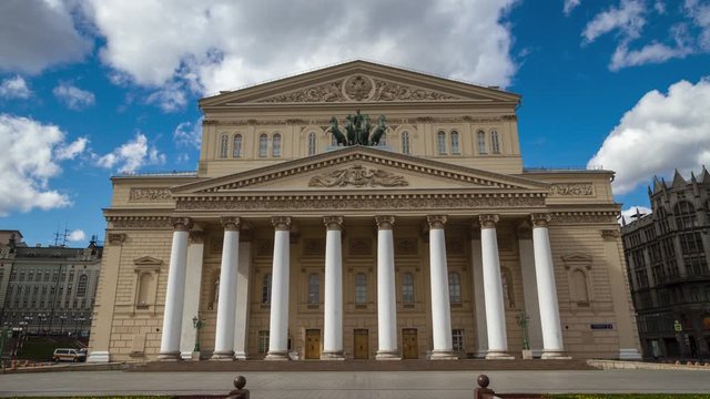 Bolshoi Theatre and empty square without people, Moscow, Russia. Time lapse