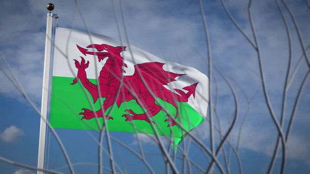 Wales flying flag waving in blue sky - 3d footage animation