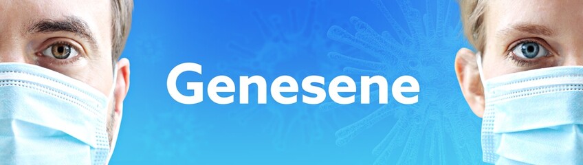 Genesene. Gesichter von Mann und Frau mit Mundschutz. Paar mit Maske vor blauen Hintergrund mit Text. Virus, Atemmaske, Corona