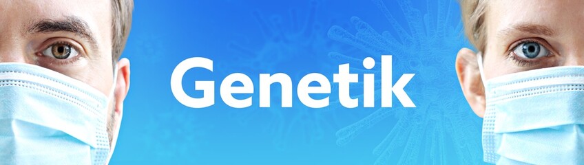 Genetik. Gesichter von Mann und Frau mit Mundschutz. Paar mit Maske vor blauen Hintergrund mit...
