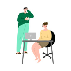 Couple freelance man and woman working at home on the laptop. Vector illustration in the flat cartoon style.