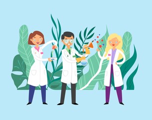 Scientists doctors communication, team of doctors working together, science and medicine flat vector illustration. Doctors communicate on antivirus research of vaccine and diagnosis in laboratory.