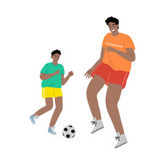 Happy smiling father and son playing soccer with the ball. Vector illustration in flat cartoon style.