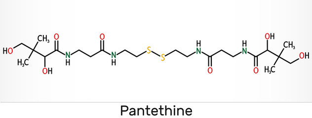 Pantethine, сo-enzyme pantethine, bis-pantethine molecule. It is is dimeric form of pantetheine. Is supplement for lowering blood cholesterol Skeletal chemical formula