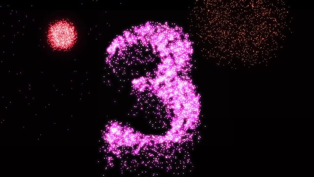 Three pink firework glow and glitter number - animation