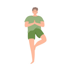 Happy smiling man in green clothes doing yoga asana exercise tree pose. Vector illustration in cartoon style.