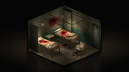 Horror and creepy ward room in the hospital with blood and wheelchair. 3d illustration Isomatric.