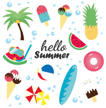 Hello summer with fruit background template. Trendy texture. Elements such as watermelon, anance, palm trees, balls, ice cream.