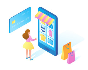 a girl in front of a smartphone is engaged in online shopping. Concept for buying clothes from home.Payment by card.  vector isometric illustration. Delivery of purchases