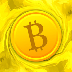 Bitcoin coin, cryptocurrency on liquid digital gold background