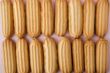 Top view of fresh and delicious cookies as a background.Long and rectangular shape cookies