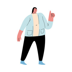 Overweight black-haired man standing in black pants and showing thumbs up gesture. Vector illustration in cartoon style.