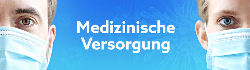 Medizinische Versorgung. Gesichter von Mann und Frau mit Mundschutz. Paar mit Maske vor blauen Hintergrund mit Text. Virus, Atemmaske, Corona
