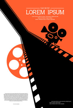 Film strip on the way with silhouette of cinema projector on a tripod and film roll. Cinema background. Retro movie festival template for banner, flyer, poster with place for text. Movie time concept.
