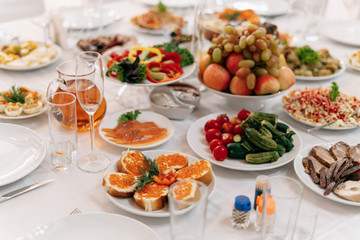 Food on the table, red caviar sandwiches