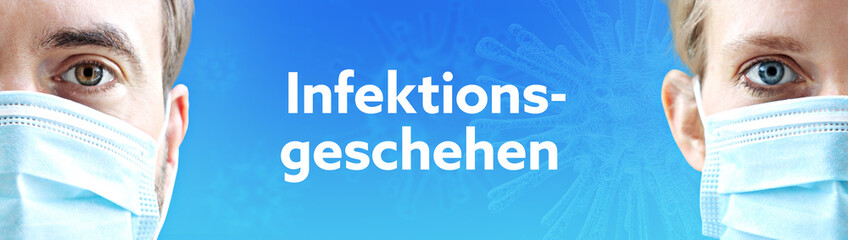 Infektionsgeschehen. Gesichter von Mann und Frau mit Mundschutz. Paar mit Maske vor blauen...