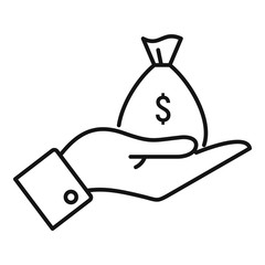 Hand money bag cash back icon. Outline hand money bag cash back vector icon for web design isolated on white background