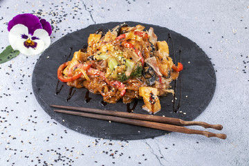Japanese food: Soba noodles with chicken and vegetables