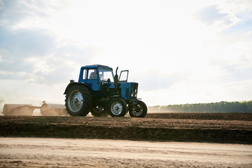 Obraz premium Agricultural work on field with black soil. Blue tractor riding and seeding countryside. Rural works in spring. Environmental protection concept. Ecological products cultivation. Natural background.